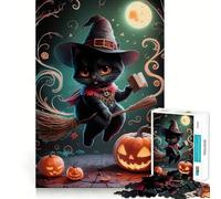 Puzzle de 1000 pièces pour Adultes,Motif Chat Noir et sorcière,Halloween,pièces nettes et découpées,activité stimulante pour Le Cerveau,Moment de détente et de Divertissement,Cadeau Artistique