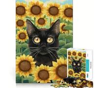 Puzzle de 1000 pièces pour Adultes,Motif Chat Noir et Tournesol,Bords Nets,Jeu de réflexion,Divertissement Facile,décoration de Noël (38x52cm)