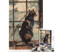 Puzzle de 1000 pièces pour Adultes, Motif Chat regardant par la fenêtre, Aquarelle, Jeu éducatif, Cadeau d'anniversaire Relaxant, avec Poster et fiche de Questions Assortis (38x26cm)