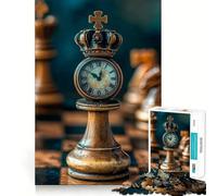 Puzzle de 1000 pièces pour Adultes,Motif Horloge et pièces d'échecs avec Couronne,découpe Nette,Jeu de réflexion Amusant pour Passer Le Temps,décoration de Noël (38x52cm)