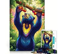 Puzzle de 1000 pièces pour Adultes, Motif Ours attrapant des Fruits, Style vitrail Jeu de logique Pure, Anti-Stress, découpe Nette, idéal pour Les vœux du Père Noël 38x26cm