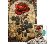 Puzzle de 1000 pièces pour Adultes Motif vitrail Rose Rouge Jeu d'analyse et de logique Complexe et Stimulant (38x26cm)