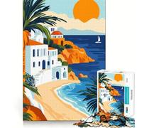 Puzzle de 1000 pièces pour Adultes Navigation paisible sur la côte méditerranéenne Illustration Minimaliste d'art de Voyage Jeu de réflexion Fine et Calme Décoration de Noël (38x52cm)