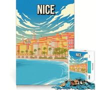 Puzzle de 1000 pièces pour Adultes Nice,France,Côte d'Azur Affiche de Voyage Vintage Promenade des Anglais Jeu de logique Amusant et Facile à Assembler Scène de Noël (38x26cm)