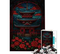Puzzle de 1000 pièces pour Adultes Pagode Japonaise en vitrail Décoration Murale Cadeau Unique pour Anniversaire et Noël (Dimensions 38x52cm)