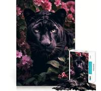 Puzzle de 1000 pièces pour Adultes Panthère Noire en Fleurs,Jeu de réflexion, pour se détendre ou pour Un Anniversaire (50x75cm)