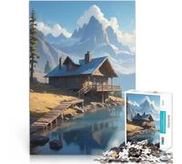 Puzzle de 1000 pièces pour Adultes Paysage animé Lo-FI d'une cabane de Montagne au Bord du lac Jeu Stimulant Idées Cadeaux 38x26cm