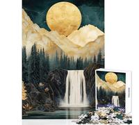 Puzzle de 1000 pièces pour adultes Paysage de cascade dorée lune dorée montagnes Kintsugi et ciel de marbre Jeu éducatif idéal pour les couples Décoration intérieure Cadeau d'anniversaire ou de voyage