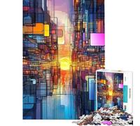 Puzzle de 1000 pièces pour Adultes Paysage Urbain Abstrait au Coucher du Soleil Décoration Murale Stimule la mémoire Niveau Difficile et exigeant (38x26cm)