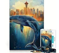 Puzzle de 1000 pièces pour Adultes : Paysage Urbain bondissant avec Une Baleine Jeu de réflexion Stimulant,découpe Nette,alignement Parfait,activité Amusante en Famille Le Soir (38x52cm)