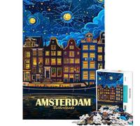 Puzzle de 1000 pièces pour Adultes Paysage Urbain Nocturne d'Amsterdam Pays-Bas Puzzle Anti-Stress pour Adultes Améliore la mémoire Défi à réaliser (Dimensions 38x52cm)