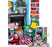 Puzzle de 1000 pièces pour Adultes Peinture intérieure colorée avec Livres et Fleurs Jeu Relaxant Cadeau d'anniversaire Jouet éducatif (38x52cm)