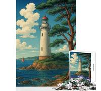 Puzzle de 1000 pièces pour Adultes Phare sur Une île avec voilier Jeu de réflexion Amusant pour Toute la Famille Décoration intérieure pour Noël ou Un Anniversaire (26x38cm)