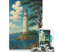 Puzzle de 1000 pièces pour Adultes Phare sur Une île avec voilier Jeu de réflexion décoration intérieure Cadeau Unique pour Un Anniversaire ou Noël 38x26cm