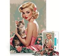 Puzzle de 1000 pièces pour Adultes,pin-up Blonde avec Chaton Mignon,Bordures soignées,Jeu de réflexion,Divertissement Facile,décoration de Noël (38x52cm)