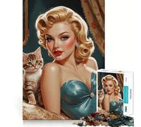Puzzle de 1000 pièces pour Adultes,pin-up Blonde avec Chaton Mignon,découpe Fine,Jeu de Concentration,Jeu Calme,activité d'anniversaire (38x52cm)