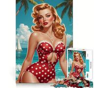 Puzzle de 1000 pièces pour Adultes Pin-up Blonde en Maillot de Bain Rouge à Pois Décoration soignée,Jeu cognitif et Amusant,Jeu de Paix,activité d'anniversaire (38x26cm)