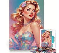 Puzzle de 1000 pièces pour Adultes Pin-up Blonde en Robe à Fleurs Jeu de Finition Parfaite,Casse-tête,Jeu d'attente,Illustration de Noël (38x52cm)