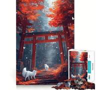 Puzzle de 1000 pièces pour Adultes Porte Torii d'automne avec Loups Blancs Jeu aux Bords Nets Stimulation Cognitive Jeu de Relaxation Cadeau Festif et Amusant (38x26cm)