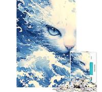 Puzzle de 1000 pièces pour Adultes Portrait de Chat à Vagues Bleues Activités Amusantes à la Maison décoration Artistique Jeu de réflexion pour Les 14 Ans et Plus (38x52cm)