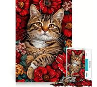 Puzzle de 1000 pièces pour Adultes Portrait de Chat entouré de Fleurs Rouges Découpe Parfaite Jeu de Concentration pour Un Moment de détente et de détente Cadeau ou de Loisir