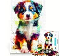 Puzzle de 1000 pièces pour Adultes Portrait de Chiot Berger Australien coloré Ajustement Parfait Défi cérébral Artistique Jeu de détente et de Divertissement Cadeau d'anniversaire pour l'esprit