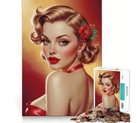 Puzzle de 1000 pièces pour Adultes Portrait de pin-up Blonde en Robe Rouge Décoration soignée,Jeu cognitif et Amusant,Jeu de Paix,activité d'anniversaire (38x52cm)