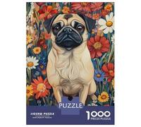 Puzzle De 1000 Pièces pour Adultes Pug in A Flower Field Pug Surrounded by Blooms Dog Wall Art Print Puzzle pour Adultes Jeux Relaxants Améliorent La Mémoire Jeu Stimulant Cadeaux 52x38cm/1000pcs