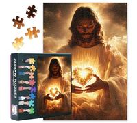 Puzzle de 1000 pièces pour adultes, puzzle spirituel de 1000 pièces - Jésus tenant un cœur sacré lumineux avec lumière dorée, puzzles religieux pour adultes, puzzle spirituel (70,5 x 50,7 cm)