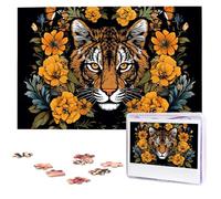 Puzzle de 1000 pièces pour adultes - Puzzle stimulant tigre et tournesol sur fond noir - Cadeau pour la famille - Décoration murale - Puzzle en bois personnalisé - 75 x 50 cm