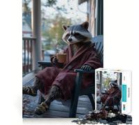 Puzzle de 1000 pièces pour Adultes Raton Laveur en Peignoir avec café Jeu de Groupe Stimulant la mémoire Assemblage Facile Surprise de Noël (38x52cm)