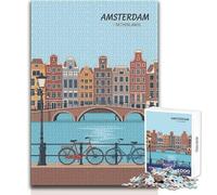 Puzzle de 1000 pièces pour Adultes représentant Amsterdam,Pays-Bas,Un Paysage Urbain Jeu éducatif Familial avec Une Affiche de Voyage Découpe de précision pour Un Anniversaire 38x26cm
