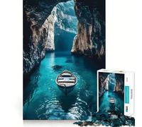 Puzzle de 1000 pièces pour Adultes,représentant Un Bateau dans Une Grotte avec de l'eau Turquoise Jeu de réflexion, pour se détendre et s'amuser Lors d'un Anniversaire (38x26cm)