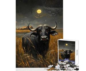 Puzzle de 1000 pièces pour Adultes représentant Un Buffle d'Afrique au Clair de Lune Jeu à Monter soi-même Idéal pour se détendre et s'amuser Contient Une liste de souhaits avec Le Père Noël 38x52cm