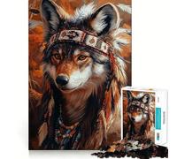 Puzzle de 1000 pièces pour Adultes représentant Un Loup coiffé d'une Parure amérindienne Jeu de Concentration et de qualité supérieure,découpé au Laser Activité Amusante,idéale pour Les soirées