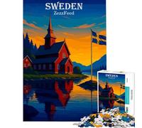 Puzzle de 1000 pièces pour Adultes représentant Un Paysage suédois avec église et Drapeau Jeu éducatif et ludique Idée Cadeau d'anniversaire (Dimensions 38x26cm)