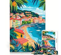 Puzzle de 1000 pièces pour Adultes représentant Une Ville côtière méditerranéenne avec des Palmiers Illustration Abstraite et Minimaliste pour développer la mémoire,la Pleine Conscience