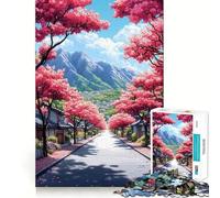 Puzzle de 1000 pièces pour Adultes Rue des cerisiers en Fleurs avec Vue sur la Montagne Jeu de précision et d'adresse mentale Amusant Idéal pour se détendre Cadeau Artistique de Noël (50x75cm)