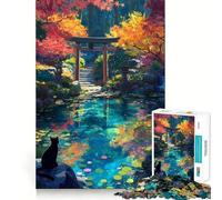 Puzzle de 1000 pièces pour adultes Sanctuaire d'automne Chat noir japonais Ajustement parfait Défi cérébral artistique Jeu de détente et de divertissement Cadeau d'anniversaire pour l'esprit (50x75cm)