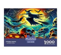 Puzzle de 1000 pièces pour Adultes : Scène d'halloween colorée avec des sorcières, des citrouilles, des crânes et des sorcières Volantes. Jeu éducatif Classique et Unique. Dimensions : 52 x 38 cm.