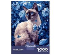 Puzzle De 1000 Pièces pour Adultes Siamese Cat in Blue Flowers Puzzle Adulte Jeu Manuel Décoration Parfaite Jeu Stimulant Cadeaux 70x50cm/1000pcs