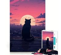Puzzle de 1000 pièces pour Adultes Silhouette de Chat sur Un Toit au Coucher du Soleil Jeu créatif et Artistique aux découpes précises Cadeau de Noël apaisant (38x26cm)