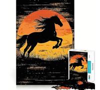Puzzle de 1000 pièces pour Adultes,Silhouette de Cheval Noir au Coucher du Soleil,Jeu de réflexion, pour se détendre ou pour Un Anniversaire (38x26cm)