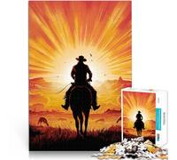 Puzzle de 1000 pièces pour Adultes Silhouette de Cow-Boy au Coucher du Soleil Casse-tête pour Super Cadeau 38x26cm