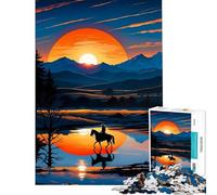 Puzzle de 1000 pièces pour Adultes Silhouette de Cowboy au Coucher du Soleil sur Un lac Jeu Amusant et addictif pour cultiver la Patience et décoration pour la Maison (Dimensions 38x52cm)