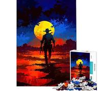 Puzzle de 1000 pièces pour Adultes Silhouette de Cowboy sous Une Lune Jaune Jeu Stimulant et Impossible pour Femmes et Hommes (Dimensions 38x52cm)