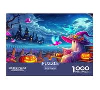 Puzzle de 1000 pièces pour Adultes : Sorcière, citrouilles colorées et château au Clair de Lune. Magnifiquement illustré. Format : 70 x 50 cm.