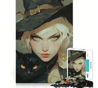 Puzzle de 1000 pièces pour Adultes Sorcière et Chat Noir Jeu de mémoire et de Concentration,Format Compact,sans Espace,idéal pour des Moments de Jeu en Famille (50x75cm)