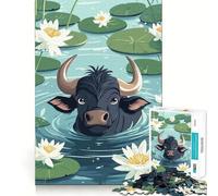 Puzzle de 1000 pièces pour Adultes Taureau de Dessin animé dans Un étang de nénuphars Jeu de logique à pièces ajustées Idée Cadeau Amusante pour Un Anniversaire (38x26cm)