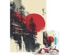 Puzzle de 1000 pièces pour Adultes Temple Japonais Cascade Soleil Rouge Jeu de Manipulation Stimulant Le Cerveau l'analyse et la logique À partir de 14 Ans (38x52cm)